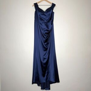Galina Signature Navy Blue Satin Off the Shoulder Ruched‎ Evening Gown Dress 14